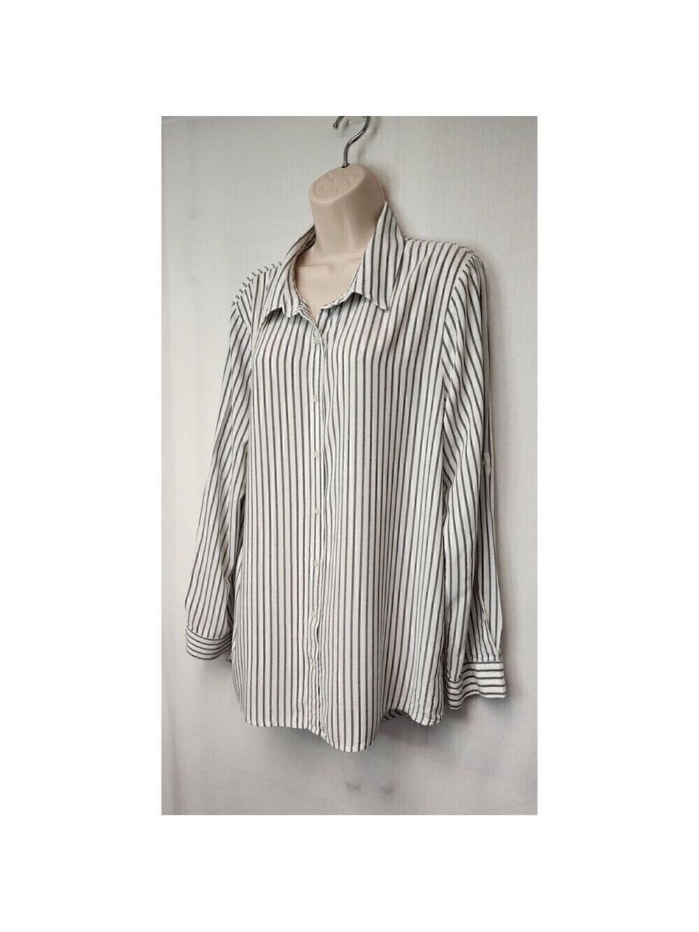 Calvin Klein Striped Blouse Long Sleeve Lo-Hi Button-up Shirt White/Gray XL - Picture 3 of 9